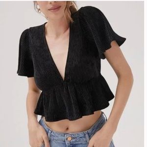 Urban Outfitters Smitten Ribbed Peplum V Neck Top in Black
